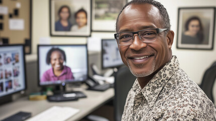 Obraz premium Smiling operator, desk with family photos, clean office with cubicles, warm and inviting atmosphere.
