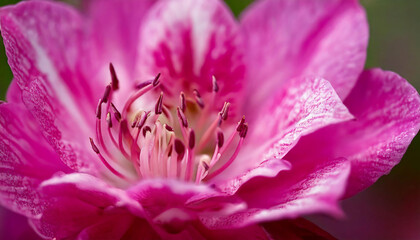 Fototapeta premium Stunning close-up of a vibrant pink flower, showcasing intricate details of its petals and reproductive organs. Perfect for designs emphasizing beauty, nature, or botanical themes.