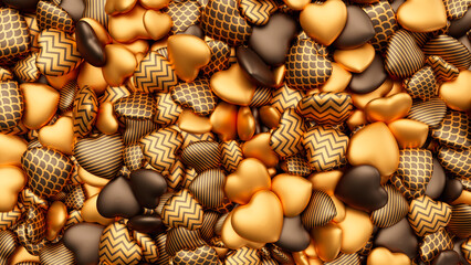 Golden and chocolate hearts background for Valentine's Day. Pile of hearts. Romantic backdrop. 3d render illustration