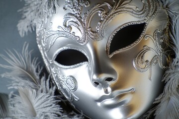Close-up of a silver mask adorned with colorful feathers, suitable for fantasy or costume designs
