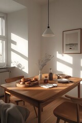 Refined Dining Experience in a Stylish Apartment with Wooden Table and Culinary Delights