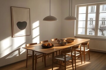 Cozy and Elegant Minimalist Dining Room with Wooden Table Set and Wall Art