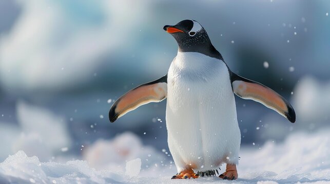 A photo of a penguin waddling on ice.