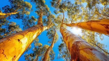 Majestic Eucalyptus Trees Reaching Skyward in Bright Blue Sky