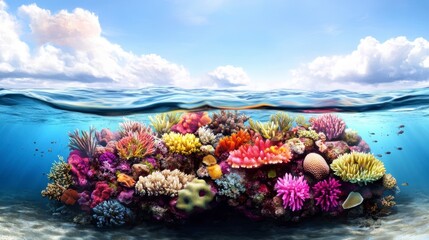 Naklejka premium Vibrant Coral Reef Under Crystal Clear Water with Colorful Marine Life