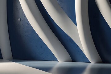 Abstract architectural design featuring curved white and blue elements.