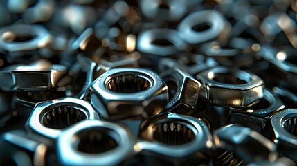 A photo of a pile of hex nuts.