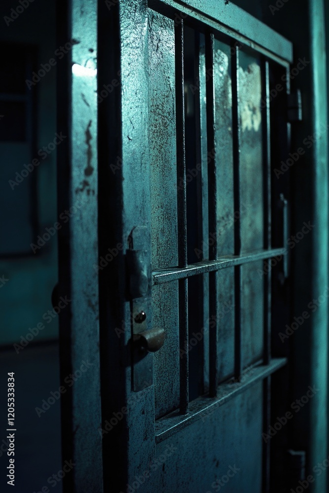 Poster a close-up view of a metal door with a secure lock, suitable for use in security-related contexts or