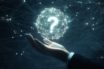 A businessperson s hand lifts a glowing question mark above a digital web on a sleek blue backdrop.