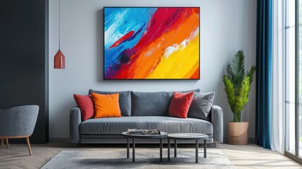 Vibrant Abstract Artwork Above Grey Sofa in Modern Living Room