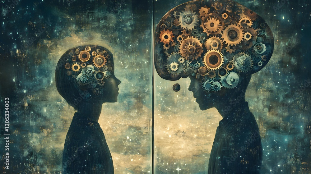 Poster a visual of a person looking into a mirror with a thought bubble above their head filled with gears 