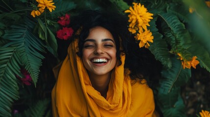 Woman Smiles Amidst Lush Green Foliage and Flowers