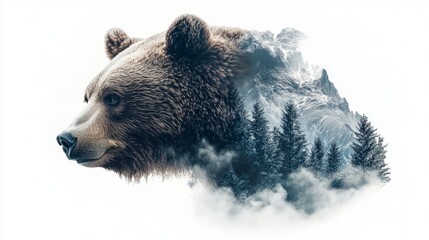 Bear head with snowy mountains and forest in double exposure art