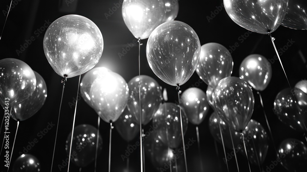 Poster a monochrome ensemble of luminous balloons floating against a dark backdrop