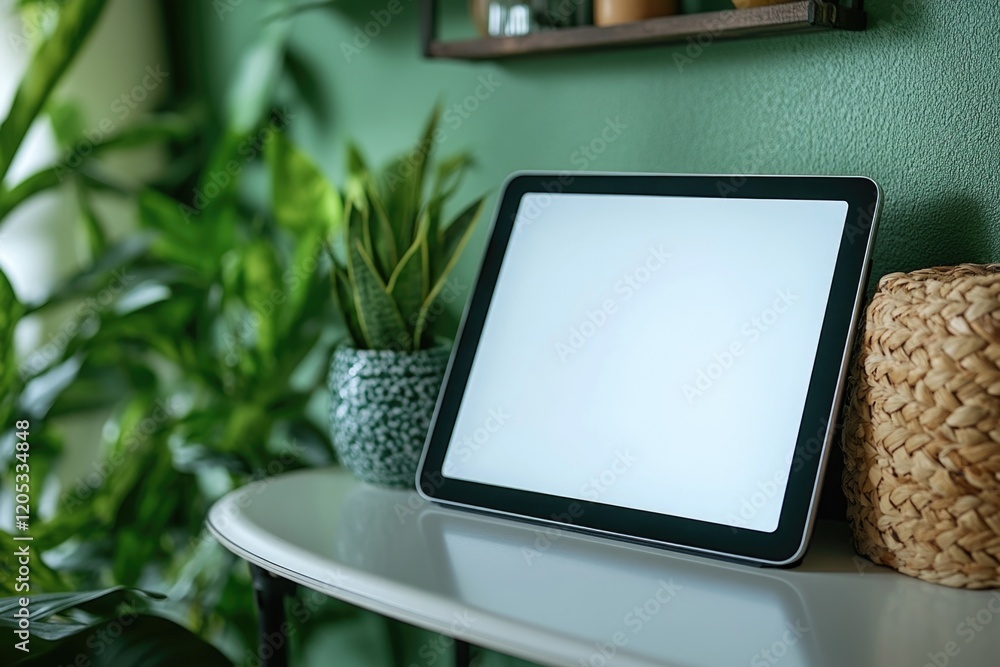 Poster a tablet computer placed on a white table, perfect for working or browsing