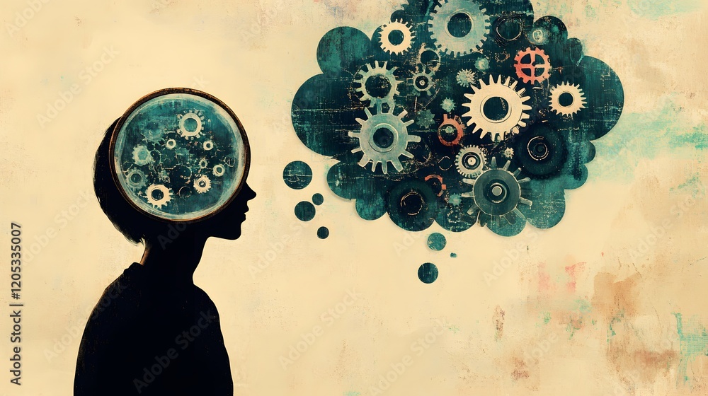 Poster a visual of a person looking into a mirror with a thought bubble above their head filled with gears 