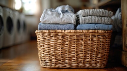 A wicker basket overflowing with clothes placed on a wooden floor, great for scenes where characters are getting dressed or undressed
