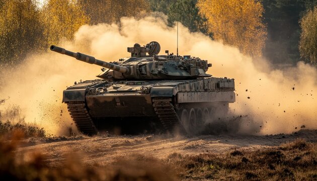 Close up capture of british army challenger 2 ii fv4034 tank in action during military exercise