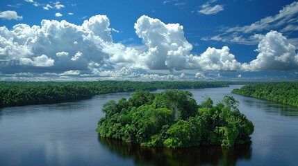 Amazon River island aerial view, lush rainforest, fluffy clouds