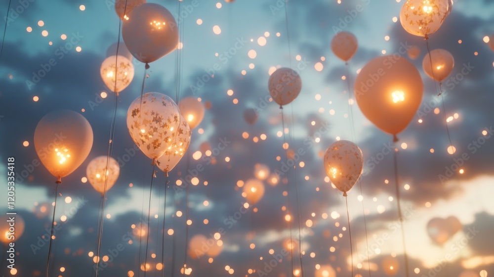 Poster glowing balloons soaring against a twilight sky with bokeh lights creating a dreamy atmosphere