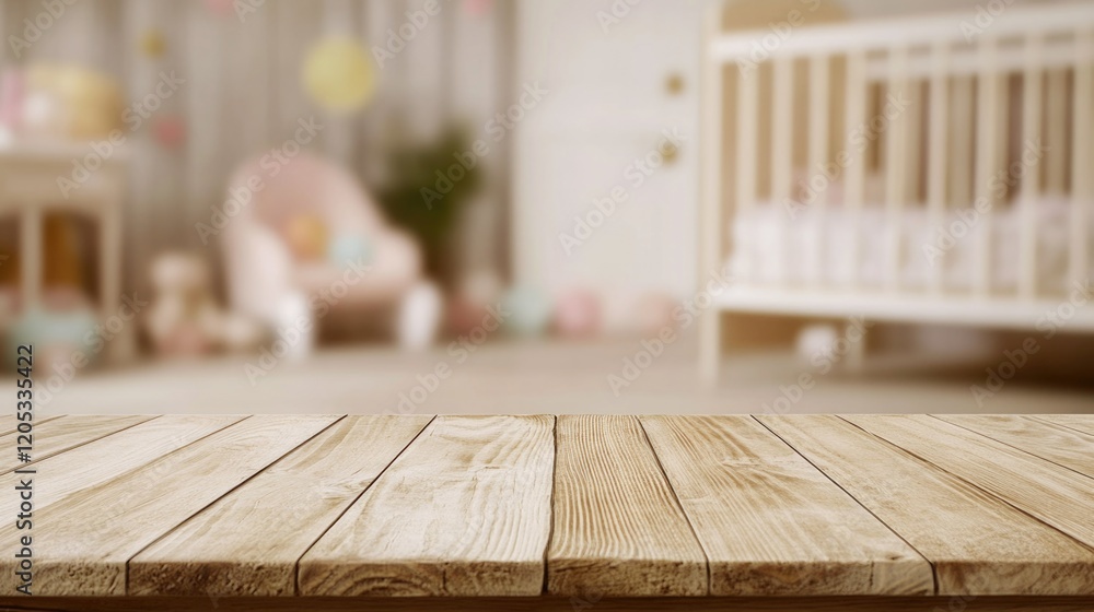 Poster a wooden table set up in a room with a crib visible in the background