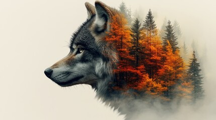 Double exposure wolf portrait with autumn forest in grey palette