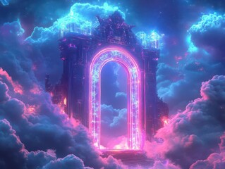 a floating gate in clouds, shimmering neon hues, intricate holographic details; digital art