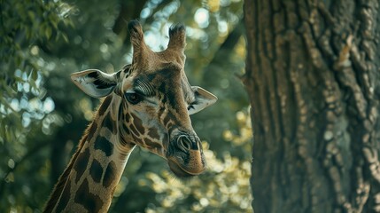 Fototapeta premium A photo of a giraffe grazing from a tall tree