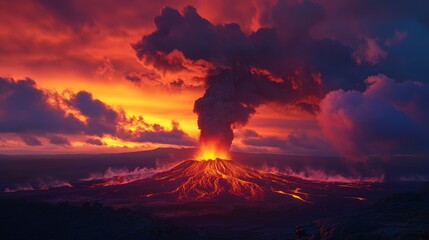 Fiery volcano eruption at sunset with dramatic lava flow and smoke clouds