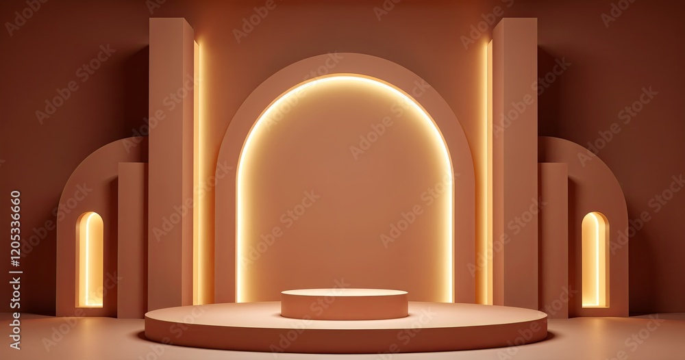Poster minimalist product display background featuring a curved stage and geometric shapes with a warm oran
