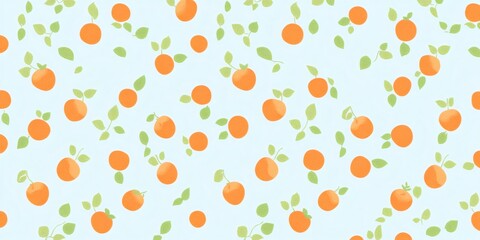 Seamless orange fruit pattern featuring citrus slices and green leaves on soft blue, perfect for textile design and packaging decor