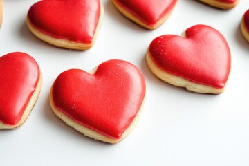 Naklejka na ściany i meble A group of red heart shaped cookies on a white surface, great for Valentine's Day or romantic occasion