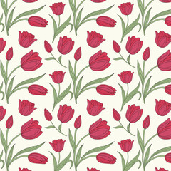 Colorful Floral Pattern with Leaves, Cute Small Flowers on Seamless Background, Tulip Flowers Pattern.