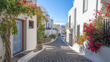 village in Santorini with stunning white buildings, small streets, and colorful flowers, beneath a bright, cloudless sky,