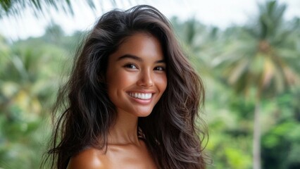 Fototapeta premium Smiling Woman with Long Hair in Tropical Setting