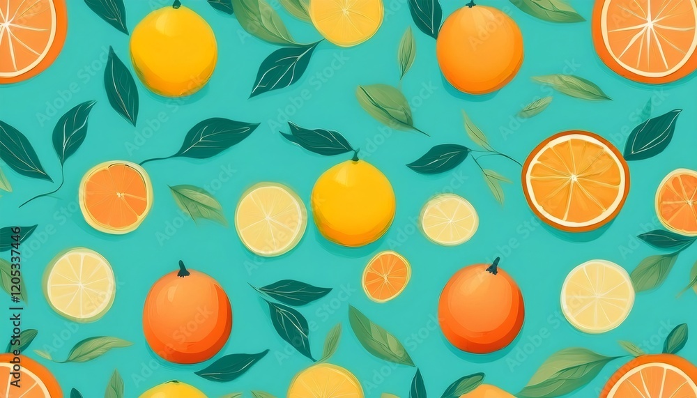 Poster seamless fruit pattern with oranges and lemons on a light blue background, creating a fresh and vibr