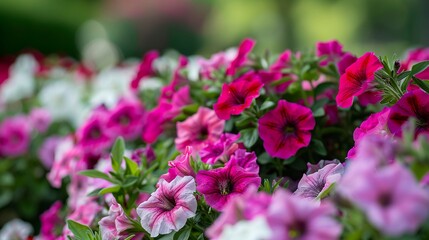 Obraz premium A photo of a bed of petunias in a park.