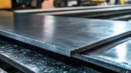 Stacks of steel plates piled high, possibly in a storage or manufacturing setting