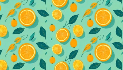 Fresh and vibrant seamless citrus pattern featuring whole oranges, slices, and leaves on a light green background