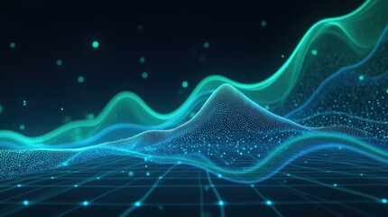 An abstract line chart in vibrant neon gradients of blue and green, showcasing fluid growth patterns, displayed on a dark futuristic grid with glowing effects and blank text areas for customization