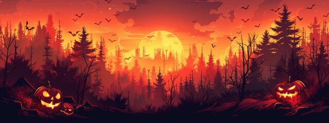 Halloween themed image of a forest with a full moon in the background