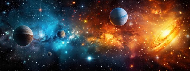 Colorful space scene with a blue and orange planet in the middle