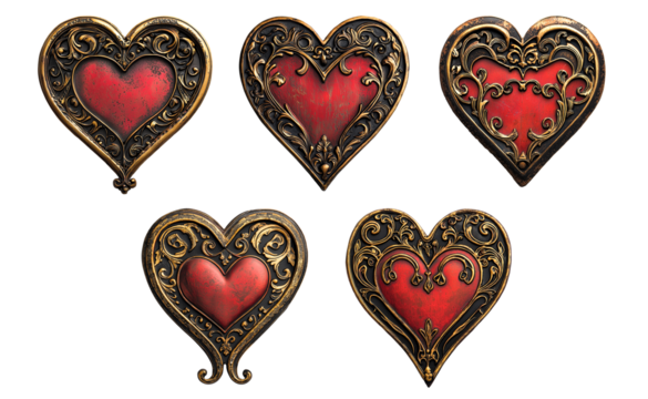 Set of souvenir gothic victorian old antique heart lockets with metal pattern for wedding, date or valentine's day on transparent background, png