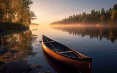 Obraz premium Canoe on a Misty Lake at Sunrise