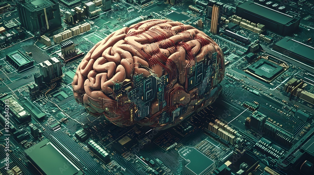 Poster an image depicting a human brain intertwined with circuit boards and computer components, showcasing