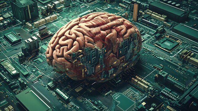 an image depicting a human brain intertwined with circuit boards and computer components, showcasing the parallels between human thought processes and computer information systems