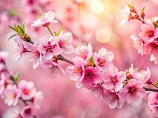 Obraz premium Spring's soft pink peach blossoms grace your phone, website, or desktop in a panoramic floral wallpaper.