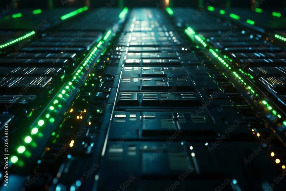 Poster hyper realistic digital circuit board with neon glow and 3d microchips in cinematic perspective
