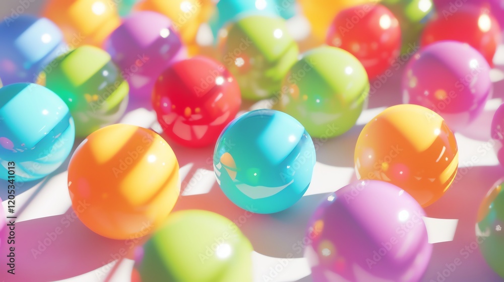 Aufkleber 3d rendering of a pile of glossy balls with different colors on a white surface.