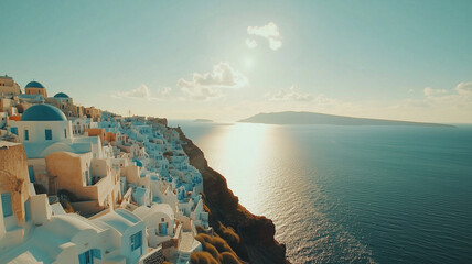 Fototapeta premium village of Oia on Santorini island, with iconic white houses and blue rooftops,